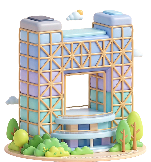 去掉建筑外框结构上的所有白色圆形装饰，保持原有C4D可爱风格和建筑整体结构、色彩不变，衔接自然，无违和感