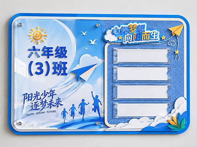 设计横版小学班级标识牌，底层高密度PVC，圆角切割烤漆包边，第二层左侧亚克力背喷，右侧毛毡板包边，上层亚克力设置4格名字条区域，采用晴空蓝天蓝色调，适配阳光青春少年逐梦主题，尺寸80*60