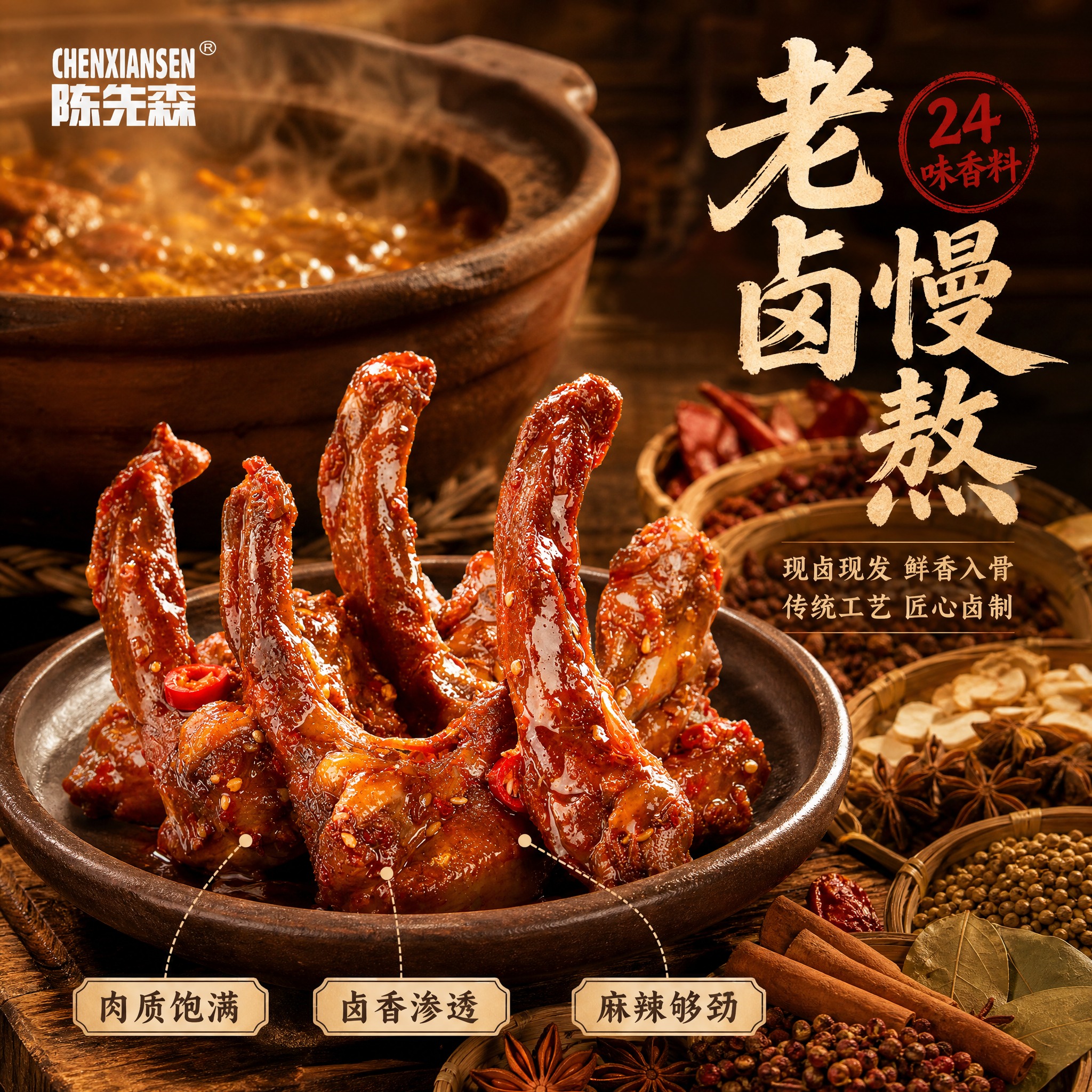 [主图-2] 陈先森麻辣鸭锁骨 核心亮点与工艺溯源主题。 [统… - 图片创意预览