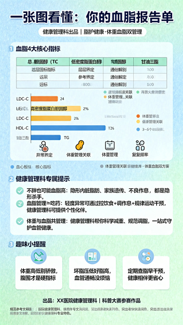 科普海报，主题是血脂报告单科普，整体风格简洁清晰、色彩柔和，主色调为浅蓝加浅绿，贴合健康调性，分板块可视化呈现，避免复杂术语，穿插体重管理相关小提示，适配患者快速阅读，突出健康管理科专业特色，适合科普预览效果