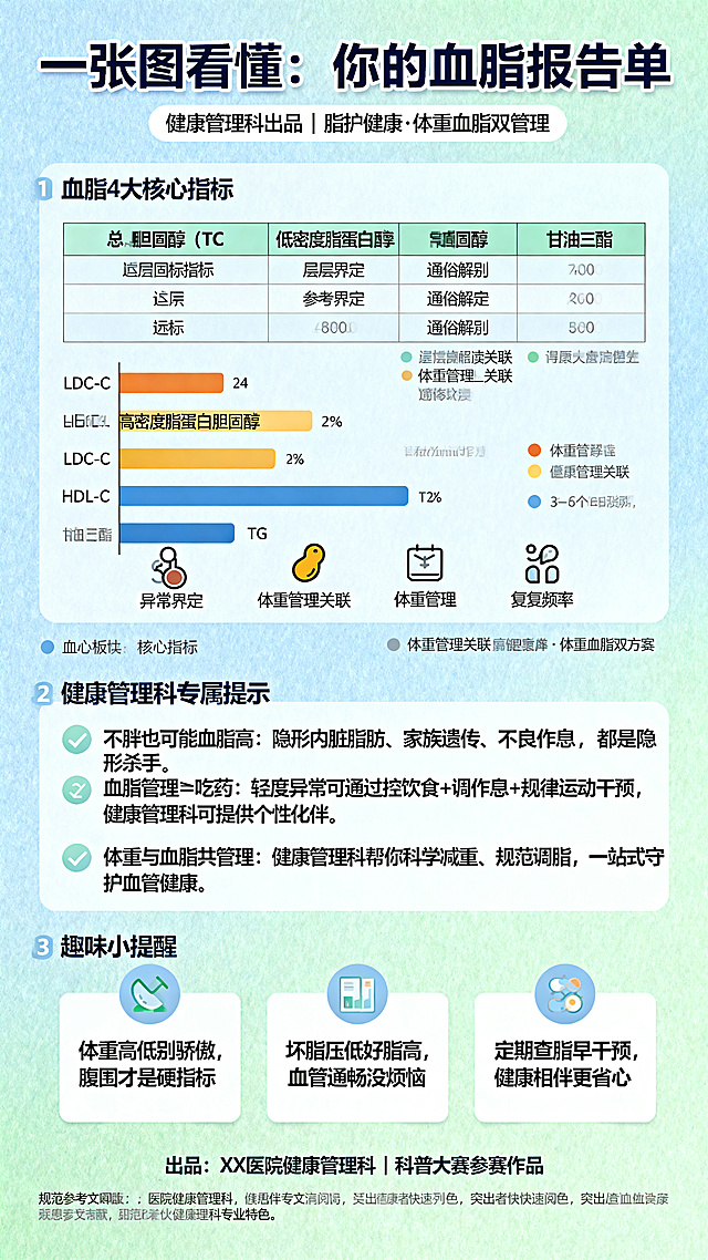 科普海报，主题是血脂报告单科普，整体风格简洁清晰、色彩柔和，主色调为浅蓝加浅绿，贴合健康调性，分板块可视化呈现，避免复杂术语，穿插体重管理相关小提示，适配患者快速阅读，突出健康管理科专业特色，适合科普大赛展示。海报顶部：加粗醒目的主标题"一张图看懂：你的血脂报告单"，简洁柔和的副标题"健康管理科出品 | 脂护健康·体重血脂双管理"。核心板块1：血脂4大核心指标图表版，可视化呈现，搭配简单图标，包含总胆固醇（TC）、低密度脂蛋白胆固醇（LDL-C）、高密度脂蛋白胆固醇（HDL-C）、甘油三酯（TG）四个指标，每个指标包含分层达标参考范围、异常界定、通俗解读、体重管理关联、复查频率信息。板块2：健康管理科专属提示，突出科室特色，包含三条提示：1.不胖也可能血脂高：隐形内脏脂肪、家族遗传、不良作息，都是隐形杀手；2.血脂管理≠吃药：轻度异常可通过控饮食+调作息+规律运动干预，健康管理科可提供个性化体重管理+血脂干预方案；药物干预人群需遵医嘱，每月复查1次，达标后可调整为每3-6个月复查；3.体重与血脂共管理：健康管理科帮你科学减重、规范调脂，一站式守护血管健康。板块3：趣味小提醒，包含三条内容：1.体重高低别骄傲，腹围才是硬指标；2.坏脂压低好脂高，血管通畅没烦恼；3.定期查脂早干预，健康相伴更省心。海报底部：标注"出品：XX医院健康管理科 | 科普大赛参赛作品"和规范的参考文献列表。整体排版清晰，专业干净。