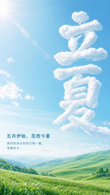 竖版立夏节气海报，创意云朵文字设计，天空中的白云组合成巨大立体汉字"立夏"，放大放置在海报右侧，字体是真实的云朵质感；背景是晴朗干净的浅蓝色天空，有阳光和白云装饰；海报的下方是绿色草原丘陵，草地层次起预览效果
