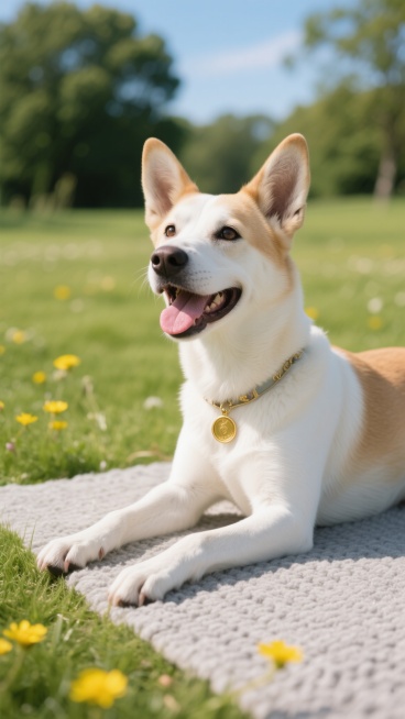 一张白色和浅棕色相间的中型犬，戴着金色圆形吊坠项圈，耳朵竖立，嘴巴张开露出舌头，表情欢快地趴在浅灰色编织地毯上，前爪向前伸展，身体微微侧对镜头。采用温暖明亮的自然光摄影风格，柔和的光影效果，清晰的细节质感，高饱和度色彩，主体对焦清晰，浅景深。背景改为阳光明媚的郊外草地，绿色草坪上点缀着黄色小花，远处有模糊的树木和蓝天，整体氛围清新自然、温馨愉悦。预览效果