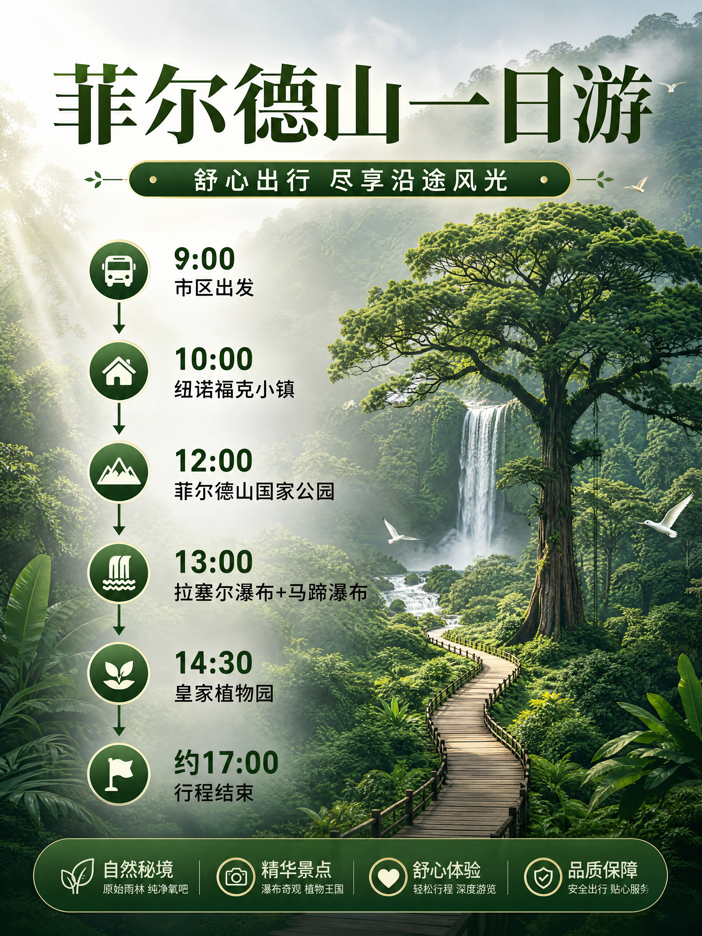 参考图的森林瀑布步道背景风格，制作菲尔德山一日游行程海报，保留… - 图片创意预览