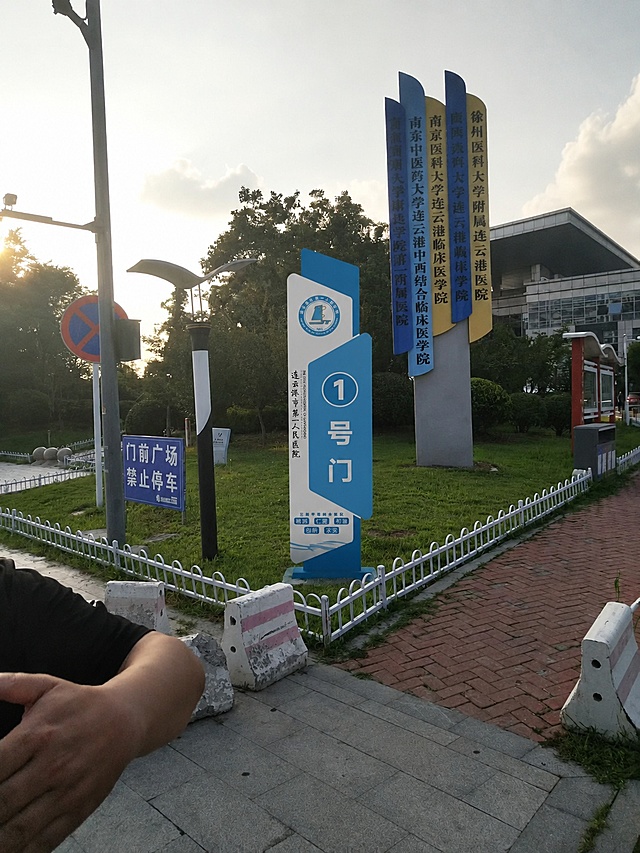 保留原图场景，将图二设计的连云港市第一人民医院1号门精神堡垒放到图一画红圈的草坪位置，保持立体透视和自然光影，生成白天光照效果的场景图，整体真实自然融合。