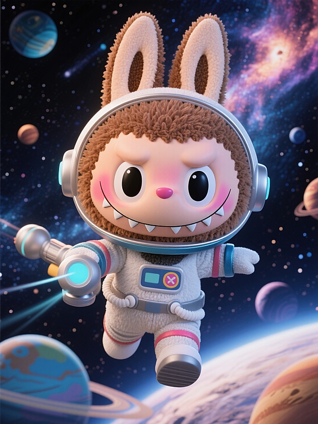 未来感3D卡通labubu宇航员造型，手持激光枪，遨游虚拟现实宇宙。