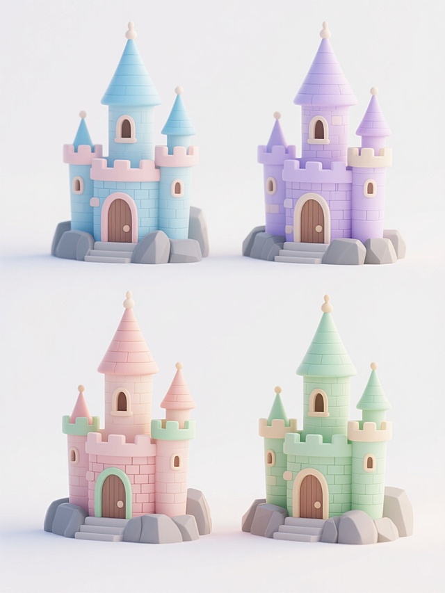 4个不同配色、不同样式、不同外观的3D卡通风格城堡，每个城堡都有尖顶塔楼、拱形门窗和砖石纹理，城堡底部有灰色岩石基座，整体造型精致可爱，排列整齐地分布在纯白色背景上，保持统一的卡通3D渲染风格和明亮柔和的光影效果，色彩分别为浅粉色、天蓝色、淡紫色和嫩绿色，每个城堡的屋顶样式、塔楼数量和装饰细节各不相同，整体画面简洁干净，视觉层次分明。