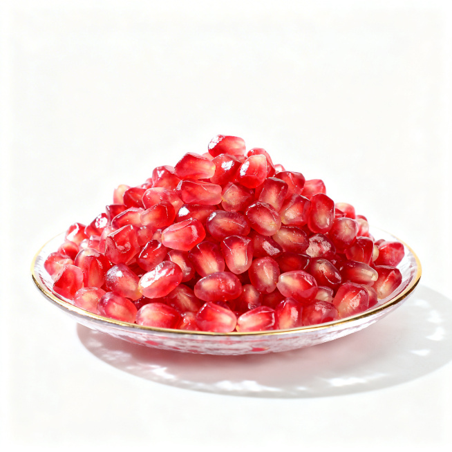 云南蒙自软籽石榴商品主图，纯白背景，果盘里挖出完整石榴籽堆，晶莹红润，居中展示，光影清晰，适合电商销售，突出甜嫩多汁预览效果