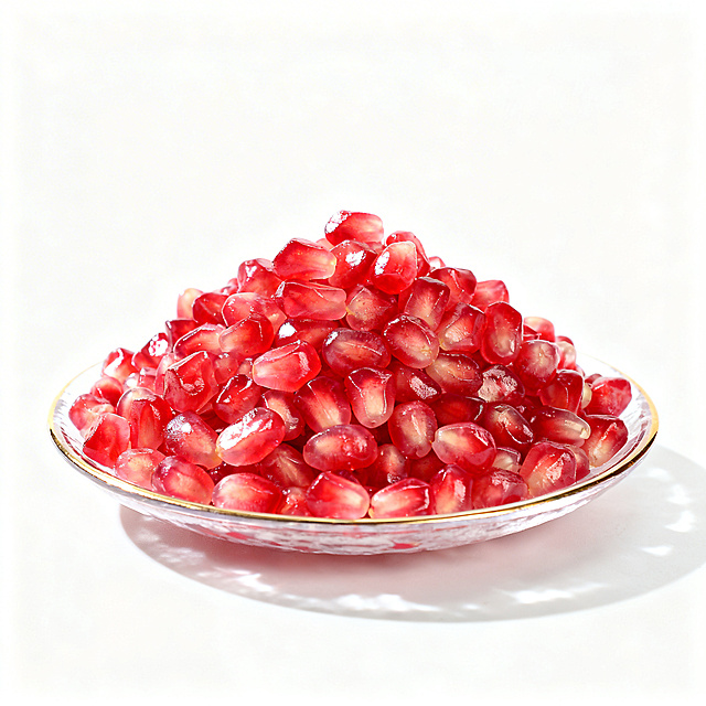 云南蒙自软籽石榴商品主图，纯白背景，果盘里挖出完整石榴籽堆，晶莹红润，居中展示，光影清晰，适合电商销售，突出甜嫩多汁