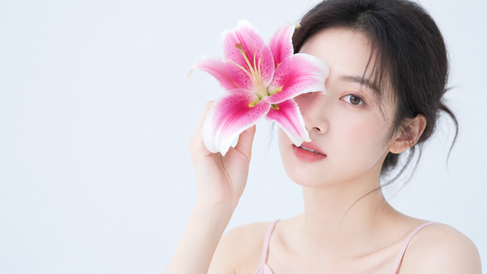 清新浅色系人像摄影，年轻亚洲女性手持不同颜色百合花，极简纯色背… - 图片创意预览