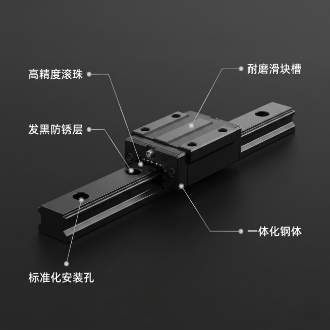 [主图 2] 直线导轨核心结构卖点展示。
[氛围风格] 专业解析风，清晰直观工业质感；
[画质] 商业摄影质感、光线硬朗高对比、产品清晰真实、画面干净高级。
[元素] 直线导轨居中，以导轨产品为中心，预览效果