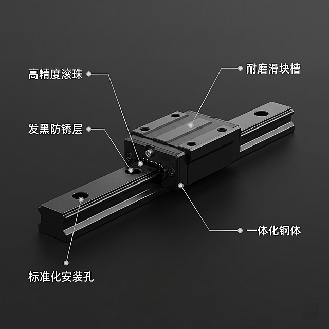 [主图 2] 直线导轨核心结构卖点展示。
[氛围风格] 专业解析风，清晰直观工业质感；
[画质] 商业摄影质感、光线硬朗高对比、产品清晰真实、画面干净高级。
[元素] 直线导轨居中，以导轨产品为中心，使用极细银色引线连接导轨各个关键部位，每个引线末端配圆形光点定位，分别标注功能说明。整体画面干净有序，产品主体突出，占比约70%。保持导轨外观（物理结构、材质质感、颜色）一致，杜绝任何变形和色差，精细化处理。
[光影] 正面均匀布光，保证每个标注部位都清晰可见，结构细节呈现清楚，没有死黑暗部。
[配色] 深灰色背景，黑色导轨主体，白色引线和文字，银光点点缀，对比清晰。
[视角构图] 平视居中构图，产品完整展示，无裁切。
[文字版式] 每个引线末端对应标注文字，字号统一，左对齐，白色清晰不遮挡产品主体。各部位标注：「高精度滚珠」「发黑防锈层」「标准化安装孔」「耐磨滑块槽」「一体化钢体」。所有文字简洁，与引线纤细对应，不抢占产品焦点。
[比例分辨率] 1:1 比例，2k 分辨率；文字清晰锐利，画面超高清。
[负向提示词] 变形，水印，文字错乱，产品图模糊，背景杂乱，遮挡主体。