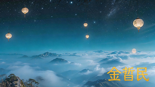云海星空灯笼山水画背景，在画面右下角添加个性签名"金哲民"，三个字使用金色金文篆书字体，笔画古朴圆润结构对称，字体带有烫金质感，文字整体完整清晰不被裁切，与背景自然融合。
