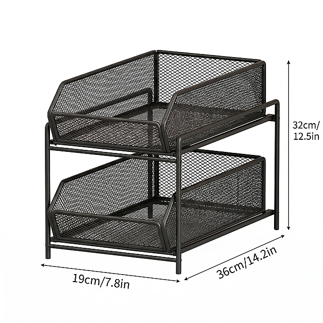[Main Image 5] Product dimension diagram of double-layer pull-out storage rack.
[atmosphere style] Minimalist style, clear data, standardized display, in line with cross-border e-commerce requirements.
[picture quality] Clear commercial photography, accurate size labeling, high definition picture.
[elements] Product placed on pure white background, complete display of the whole product, clearly marked length width height dimensions, including inch and centimeter units, consistent with the data in the original image: Length 36cm/14.2in, Width 19cm/7.8in, Height 32cm/12.5in. Keep the product appearance completely consistent with the input image, no deformation. The size indicator line is slender and clear, the text is clearly visible, the picture is clean, no extra interference.
[light and shadow] Soft even light, clear outline, no heavy shadow, each size mark is clearly visible.
[color matching] Product black, background white, size marking text black, clear contrast, easy to read.
[perspective composition] Front perspective, product complete, dimension indicators placed on the corresponding position of the product edge, reasonable layout, full screen without border.
[text layout] All dimension labels are in English, units marked in dual units (cm/in), font neat, positioning accurate, do not block the product main body.
[proportional resolution] 1:1 ratio, 2K resolution, super HD, text clear and recognizable.
[negative prompt] Deformed, text confusion, wrong size, blurry picture, watermark, extra Chinese, extra decoration, messy background.