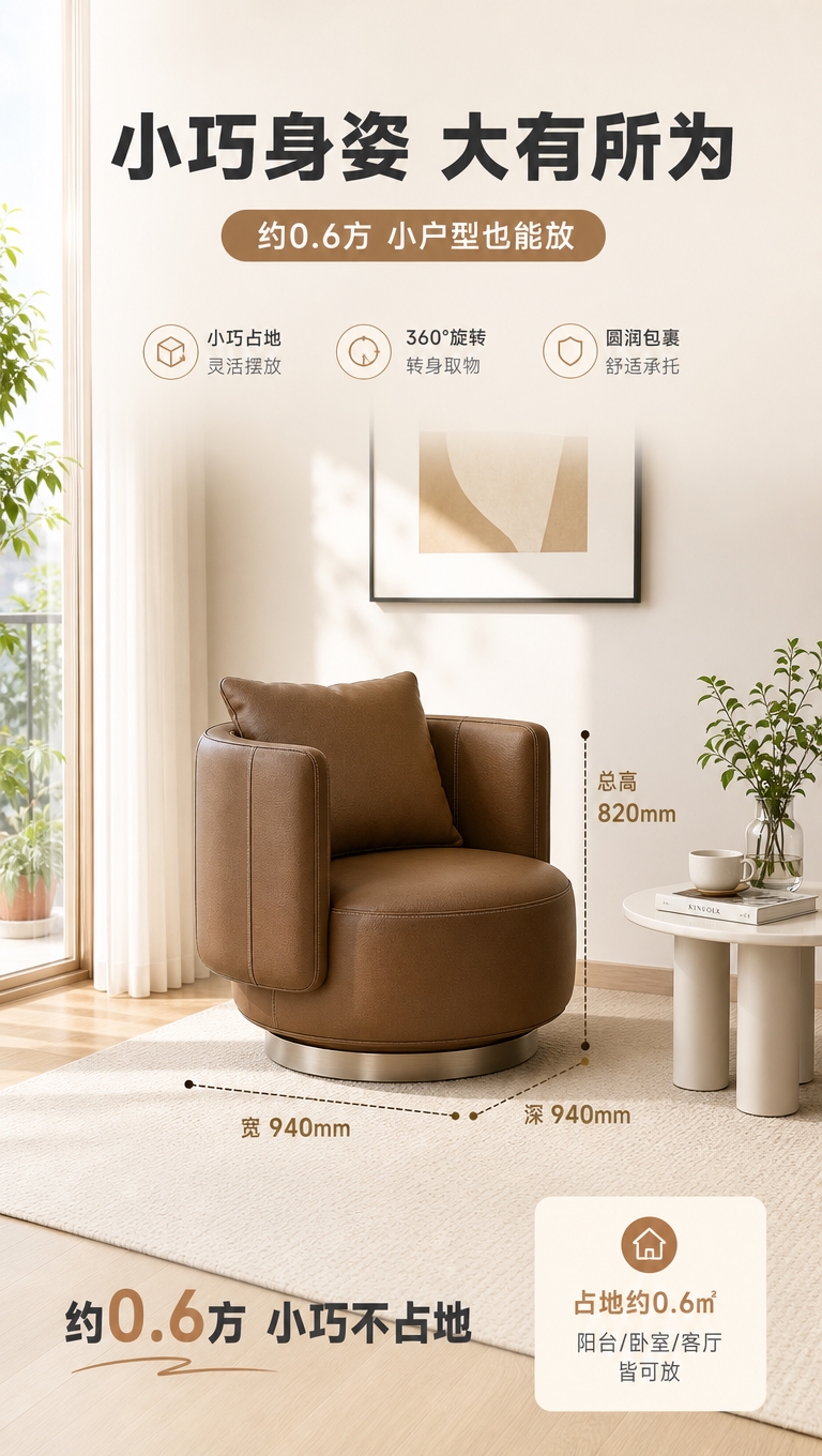 [商品] 使用【图1】棕色单人旋转休闲沙发椅；保留圆润一体式靠… - 图片创意预览
