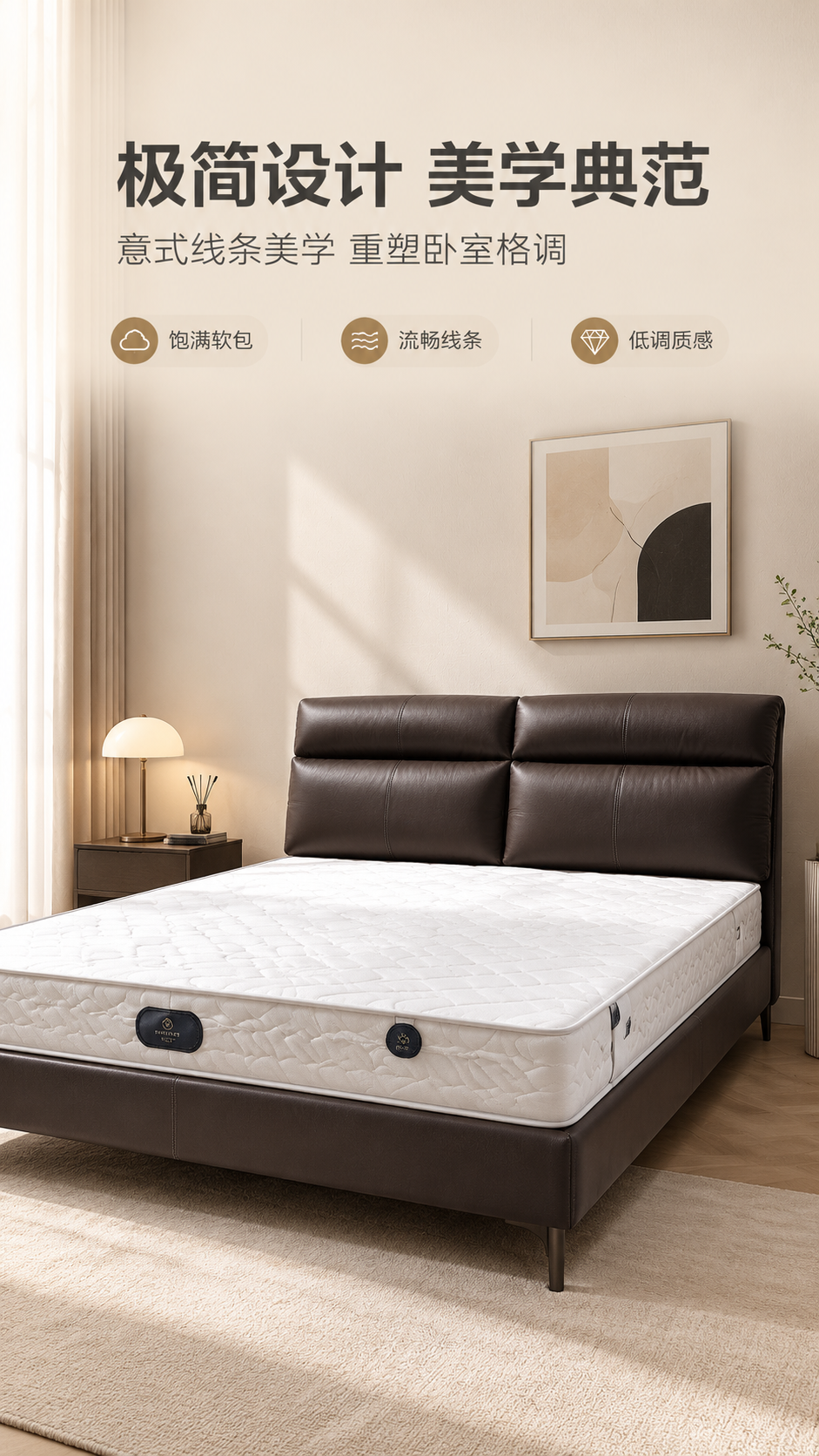 [商品] 使用【图1】意式极简真皮软包床；保留深棕色真皮床头双… - 图片创意预览