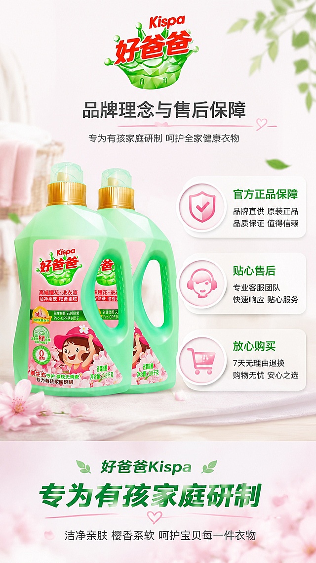 使用商品详情页技能根据商品图「图片1」生成详情页，参考图为，商品名称为好爸爸洗衣液，卖点为 ，适配平台为淘宝/天猫，图片比例为9:16，需求屏数为8张，