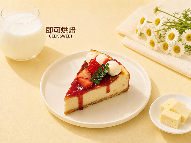 保留原图的背景、构图、光线、比例、左上角“即可烘焙 GEEK SWEET”文字、左侧牛奶杯、右侧小雏菊与米色餐巾、右下角小碟子与奶酪块等所有元素不变，仅将画面中央白色盘子上的奶皮子酸奶酪产品替换为图中的草莓芝士蛋糕，保持产品的大小、位置、透视角度与原图一致，光影和阴影与原图环境统一，整体风格为温馨治愈的烘焙美食海报