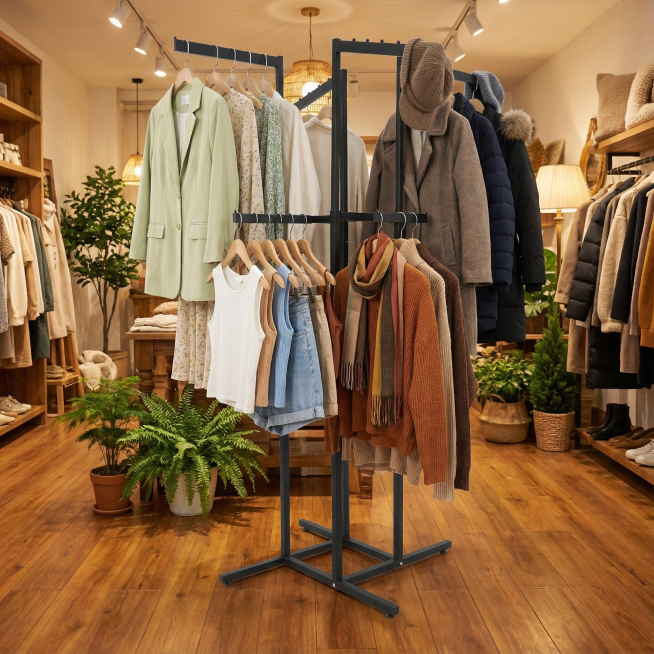 这是一个四杆服装架 放在服装店里展示服装 生成两张1600*1600的场景图片预览效果