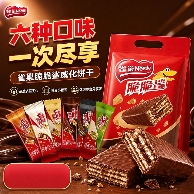 [主图-1] 拼多多风格首图，主题是雀巢脆脆鲨威化饼干六种口味礼袋装，突出六种口味一次尽享的高性价比与食欲感。
[统一基调] 拼多多风格，大字直白、性价比感强、食欲感满满；背景主色暖棕色渐变，标题字色大红色+金黄色描边，辅助字色白色，强调色金黄色；字体为粗黑体厚重醒目，字号层级分明，卡片用圆角红底金边样式。
[画面] 画面中央偏右位置放置红色雀巢脆脆鲨礼袋（礼袋上的新年文字和中国结元素全部去除，替换为普通雀巢脆脆鲨品牌标识和威化饼干图案，保持红色礼袋主体外观和手提孔设计），礼袋左侧整齐排列六种不同口味的脆脆鲨独立小包装（从左到右依次为焦糖味、牛奶味、芝士味、巧克力味、黑芝麻味、抹茶味），呈扇形展开朝向观众，包装外观与参考图一致。礼袋前方摆放2-3块切开的威化饼干特写，展示酥脆多层夹心结构，巧克力涂层光泽诱人，有少量饼干碎屑散落，增强食欲感。背景为暖棕色渐变，点缀柔和的巧克力流动纹理和光斑，营造浓郁零食氛围。左上角放置雀巢品牌Logo，清晰不突兀。
[光影质感] 商业摄影质感，暖调主光从左上方打来，产品表面有自然高光和柔和阴影，巧克力涂层呈现丝滑光泽，威化饼干层次分明酥脆，礼袋材质有真实纸质纹理和立体感，整体光影自然不生硬。
[配色] 背景暖棕色渐变，主标题大红色配金黄色描边，辅助文案白色，强调元素金黄色，整体色调温暖浓郁有食欲。
[文字版式] 左侧上方大字体主标题：六种口味 一次尽享；主标题下方稍小字体：雀巢脆脆鲨威化饼干；再下方用图标+小字排列三个卖点：酥脆多层夹心 独立小包装 休闲零食分享装；底部有红色圆角价格标签区域（不写具体价格）。文字全部左对齐放在左侧负空间，不遮挡产品主体。
[输出要求] 比例1:1，文字清晰可读，产品清晰完整不变形，无错字，无水印，无平台Logo，无新年相关元素和文字，无中国结等春节装饰。