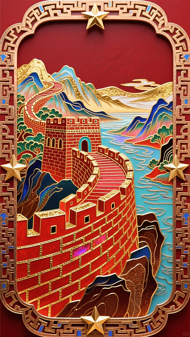 国庆氛围，深红色主背景（隐现珐琅掐丝回纹），非遗铜胎掐丝珐琅长城（城墙施红釉嵌金，城砖纹理用细金丝掐制），珐琅工艺山河图景（远山覆金釉，近水映红底，岩石施褐釉），画面边缘饰珐琅鎏金五角星元素，高细节工艺感