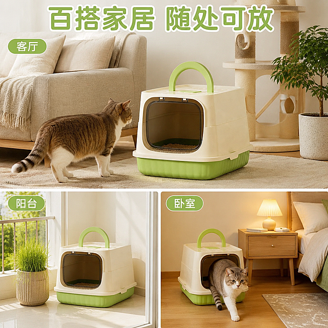 [主图-4] 猫砂盆多场景适配图，客厅+阳台+卧室多场景展示。
[氛围风格] 温馨生活化场景，自然真实；
[画质] 商业摄影质感、光线自然、场景真实、产品融入环境。
[元素] 画面采用一大两小宫格布局：大图占上半部分，展示猫砂盆放置在客厅沙发旁的温馨场景，旁边有猫爬架和绿植，一只猫咪正走向猫砂盆；左下小图展示猫砂盆放置在阳台角落，阳光洒入，旁边有猫草盆栽；右下小图展示猫砂盆放置在卧室床边，暖光台灯旁，猫咪刚用完出来。每个场景中猫砂盆都自然摆放，与环境融合。保持所有场景中的猫砂盆外观（即物理结构、材质质感、颜色）与输入产品图保持绝对一致，杜绝任何变形和色差。
[光影] 主场景自然光+环境光，客厅场景柔和漫射光，阳台场景温暖侧逆光，卧室场景暖黄台灯光，每个场景光影自然真实，产品有合理投影。
[配色] 主色奶白+抹茶绿；辅色原木色、米白、绿植浅绿、暖黄。
[视角构图] 上大图下两小图宫格布局，每个场景独立视角，整体构图平衡，产品在每个场景中都是视觉焦点之一。
[文字版式] 顶部居中大标题「百搭家居 随处可放」抹茶绿粗体圆体；每个场景角落配小标签：「客厅」「阳台」「卧室」，白色字+抹茶绿圆角底，小巧精致。文字不遮挡产品主体。
[输出要求] 1:1比例，文字清晰锐利，超高清商业摄影质感。
[负向提示词] 变形，文字错乱，产品图模糊，背景杂乱，水印，电商平台Logo，多余的手，畸形手，猫咪面部扭曲。