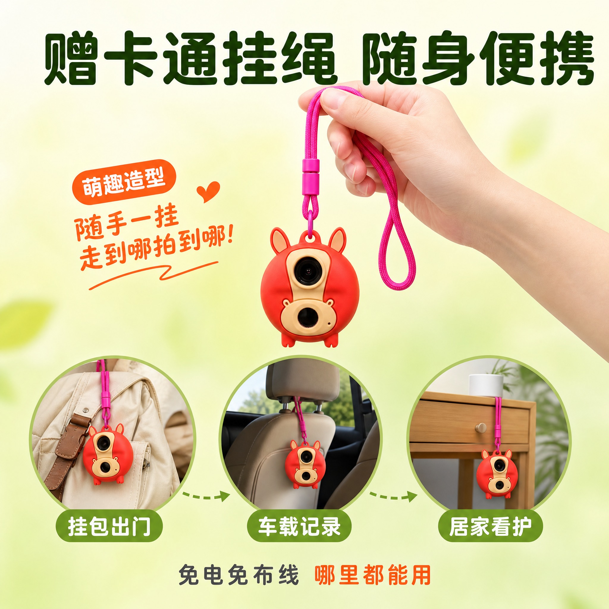 [主图-7] 便携挂绳使用适配图，展示卡通挂绳佩戴方式和多场景… - 图片创意预览