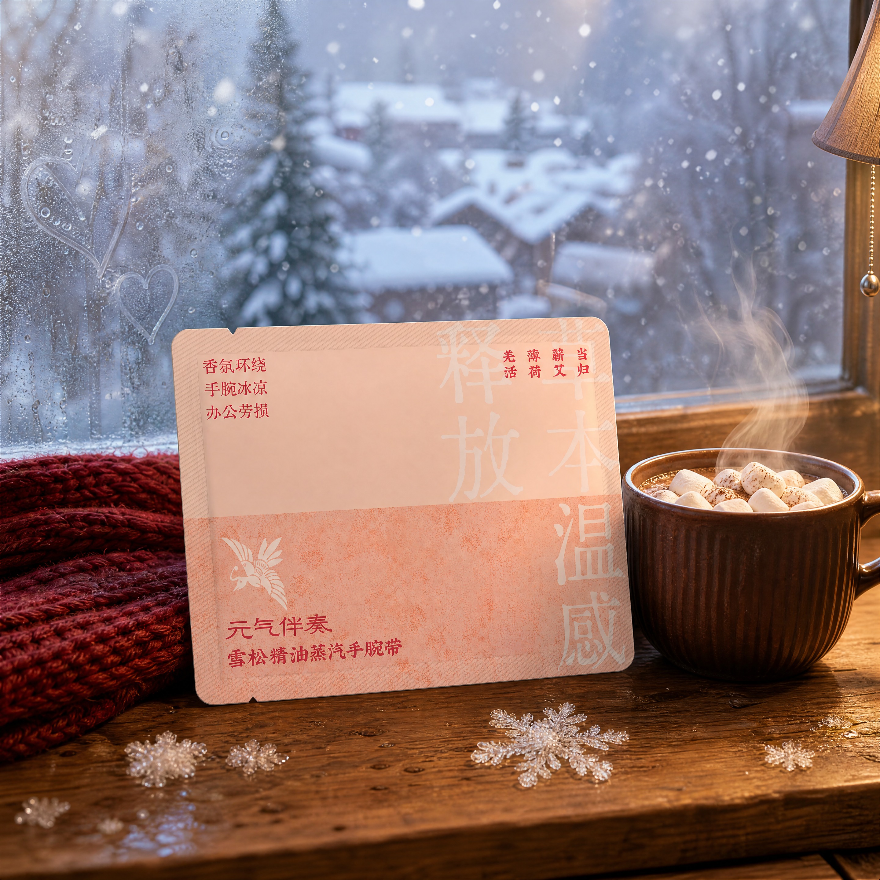 超写实商业产品摄影。 主体：元气伴奏雪松精油蒸汽手腕带单片包装… - 图片创意预览