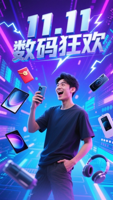 年轻人手持手机，周围悬浮着数码产品，带动态光效。蓝紫渐变数据流背景，分布红包和闪电特效。主标题立体金属字“11.11 数码狂欢”。赛博朋克风格预览效果