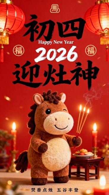 提示词：纯正面小马，Q 版棕褐配色的拟人毛绒小马公仔（腹部是浅米色毛绒，单眼眯起微笑，鬃毛为深棕短绒质感，圆鼓鼓的肚子），站立，，双手举着三炷香，身旁摆着供桌，上面放着贡品。红色背景，搭配红 / 金配预览效果