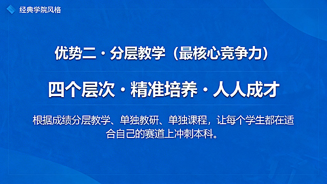邵东经纬学校高中招生宣讲PPT第7页优势二分层教学，大标题"优势二・分层教学（最核心竞争力）"，副标题"四个层次・精准培养・人人成才"，正文内容"根据成绩分层教学、单独教研、单独课程，让每个学生都在适合自己的赛道上冲刺本科"，统一蓝色经典学院风格