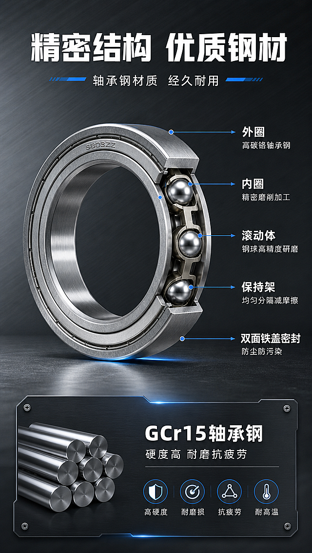 [商品] 使用【图1】深沟球轴承6803ZZ；保留金属银色外圈、内圈、铁盖密封结构、圆形轮廓；做半剖视效果展示内部结构，外圈/内圈/滚动体/保持架/密封盖分层清晰，不改变整体比例和材质颜色。
[画面] 目标：结构材质解析，证明精密工艺与优质材料。构图：竖版9:16，中部偏上为轴承半剖视立体图，占画面约50%，剖面朝向观众，内部滚动体和保持架清晰可见；从各结构部件引出标注线指向对应说明；下方为材质信息卡区域；阅读动线从中心向四周扩散，再向下。
[视觉] 套系策略：风格=工业风硬核科技商业摄影；标题字=粗黑无衬线工业字体；正文字=简洁无衬线体；主色=深灰冷调金属灰；背景延展=基于深灰做深浅层级渐变、金属拉丝纹理和工业质感；强调色=科技蓝，仅用于小面积图标、引线、标签和局部光效；标题色=纯白；正文色=浅灰；组件=深色信息卡、细线引线带箭头、工业风图标；光影=冷光侧打，突出剖面层次与金属质感。
[文字] 顶部主标题「精密结构 优质钢材」，副标题「轴承钢材质 经久耐用」；5个结构标注：「外圈」高碳铬轴承钢、「内圈」精密磨削加工、「滚动体」钢球高精度研磨、「保持架」均匀分隔减摩擦、「双面铁盖密封」防尘防污染；下方材质卡：「GCr15轴承钢」硬度高 耐磨抗疲劳；所有文字横排。
[规格] 图片比例9:16竖版，4K分辨率，负向提示：避免变形、错字、文字过小、暖色背景、塑料质感、轴承结构错乱、竖排文字。