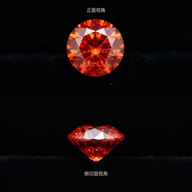 [主图 4] 红色鸟巢切钻石多角度对比展示
[氛围/风格] 奢华专业，清晰对比
[画面元素] 拼图布局，保留原图红色鸟巢切钻石外观，上方展示钻石正面视角，下方展示钻石侧切面视角，背景统一为黑色丝绒，两预览效果