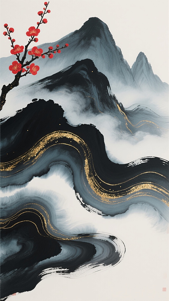中国风抽象水墨风格装饰画，以深邃的墨黑色与青灰色为基底，流动的墨色线条呈现出山峦与云雾的写意形态，画面左上角伸出一枝红梅，梅花以鲜艳的朱砂红色点缀，枝干为深墨色，金色的细闪与线条点缀在墨色与青灰色的波浪纹理中，营造出宁静悠远又不失雅致的氛围，整体构图采用留白与渐变色彩结合，色彩层次丰富，从深墨色逐渐过渡到青灰色，金色线条增添了画面的灵动与贵气，保持水墨晕染的流动性和写意感，突出东方美学的韵味与意境。