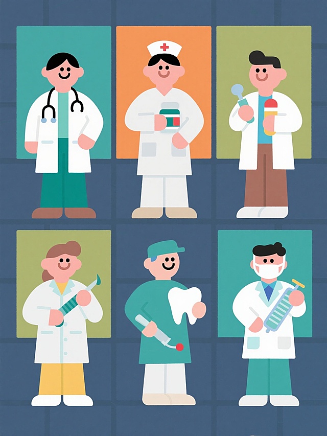 一组6个不同医疗职业角色的扁平化风格插画，每个角色以不同纯色背景区分，保持统一的简约卡通风格、圆润线条、平面色块和简洁阴影表现，角色包括医生、护士、药剂师、牙医、外科医生和医学研究员，每个角色手持对应职业工具，人物姿态自然生动，整体采用规整网格排布，色彩明快协调，传达专业医疗服务形象。