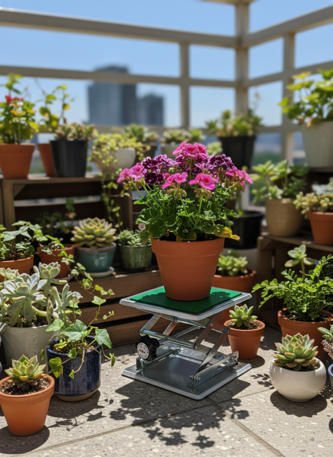 阳光明媚的阳台角落，小型升降架错落摆放多肉植物和小盆栽，不同高度展示形成立体花园，特写升降架升至最高点托起一盆开花植物  尺寸3:4预览效果