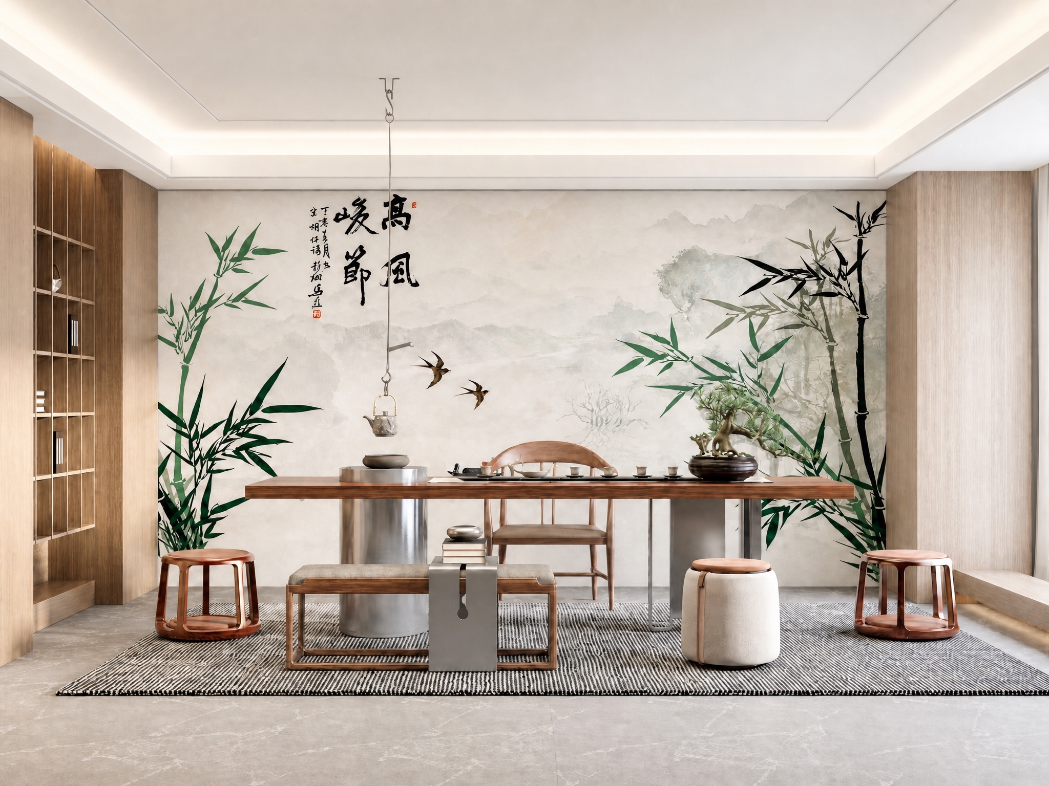 提高这张茶室效果图中背景墙刺绣图案的饱和度，同时整体提高画面亮… - 图片创意预览