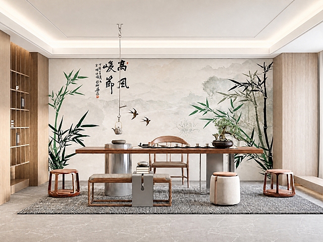 提高这张茶室效果图中背景墙刺绣图案的饱和度，同时整体提高画面亮度。要求：1. 背景墙的刺绣图案色彩饱和度明显提升，颜色更鲜艳生动，图案细节更清晰；2. 整体画面亮度提高，空间更明亮通透；3. 保持背景墙图案内容、构图、色调倾向完全不变，只提升饱和度和亮度；4. 家具、地面、天花板等其他区域亮度同步提升，整体光影自然和谐，不出现过曝；5. 保持场景真实感和高级质感。