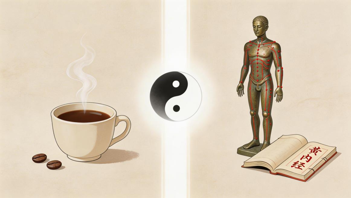 画面左右对称构图，左侧是一只精致的陶瓷咖啡杯，杯中盛着深褐色的咖啡，杯口飘出袅袅热气，咖啡杯旁边散落着几颗咖啡豆；右侧是一个古朴的中医铜人模型，铜人表面有经络穴位标记，铜人旁边放着一本翻开的《黄帝内经预览效果