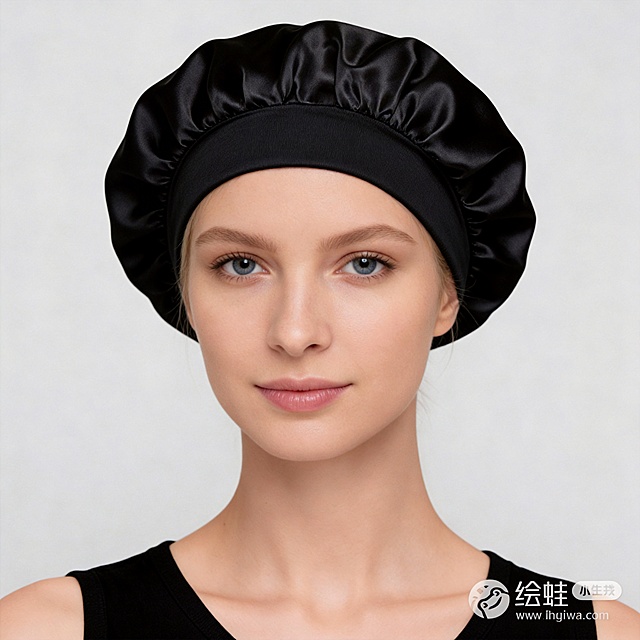 保持模特原有姿势、角度、位置不变，保留模特脸型、五官、肤色、服装和灰色背景，仅替换头上帽子为参考图中的黑色缎面松紧宽边护发帽，帽子样式材质完全保留，佩戴自然贴合，光影和整体风格协调一致，高清画质清晰