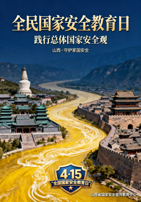 全民国家安全教育日静态宣传海报，主题为总体国家安全观，融合山西五台山、平遥古城、黄河等山西历史文化和地域特色元素，画面中体现"4·15"全民国家安全教育日活动标识，中文简体文字，具有地域辨识度和时代内预览效果