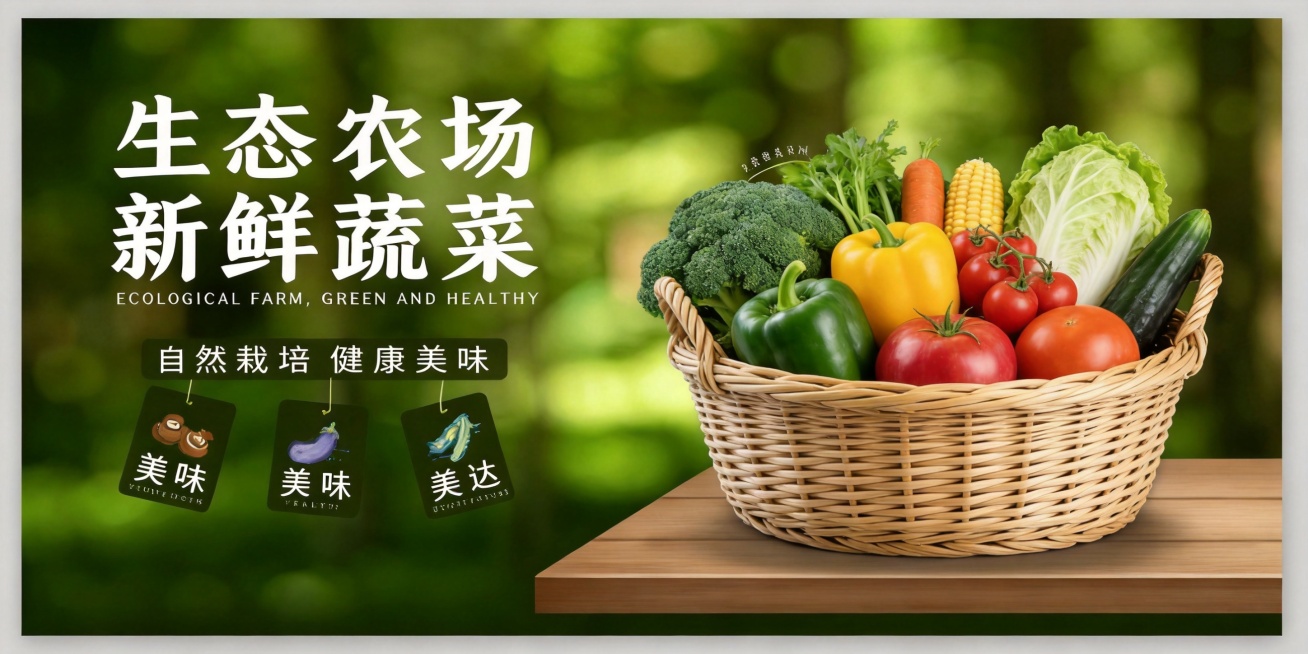 参考提供的生态农场海报风格，制作一张新鲜蔬菜横版海报，深绿色模糊森林背景，左侧主标题大字"生态农场 新鲜蔬菜"，副标题"自然栽培 健康美味"，文案"当季采摘 新鲜直达"，搭配编织篮装满各色新鲜蔬菜实物预览效果