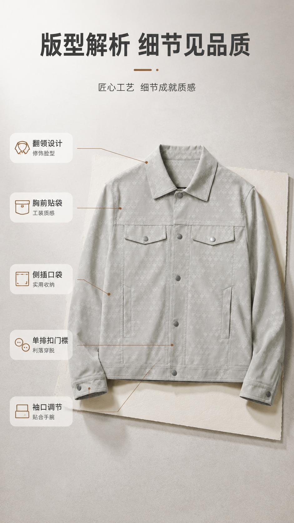 [商品] 使用【图1】男士浅灰色暗纹翻领夹克；商品处理：保留翻… - 图片创意预览