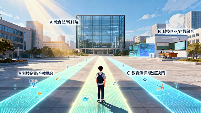 一幅现代插画风格的“人生导航图”：一位学生站在城市广场中央，面前三条发光路径延伸向远方。路径A通往玻璃幕墙的国际组织大楼（标“教育部/教科院”）；路径B通向科技园区与智能教室（标“科技企业/产教融合”）；路径C通向数据分析中心（标“教育测评/数据决策”）。阳光从天空倾泻，路径上有微小图标暗示技能与成果。