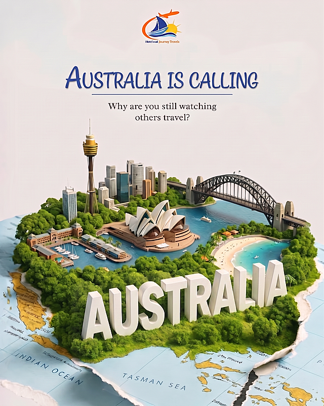 保持悉尼微缩景观创意海报风格，将顶部大文字修改为AUSTRALIA IS CALLING，底部立体大字修改为AUSTRALIA，其余内容和风格保持不变，整体是微缩模型景观创意摄影，清新简约