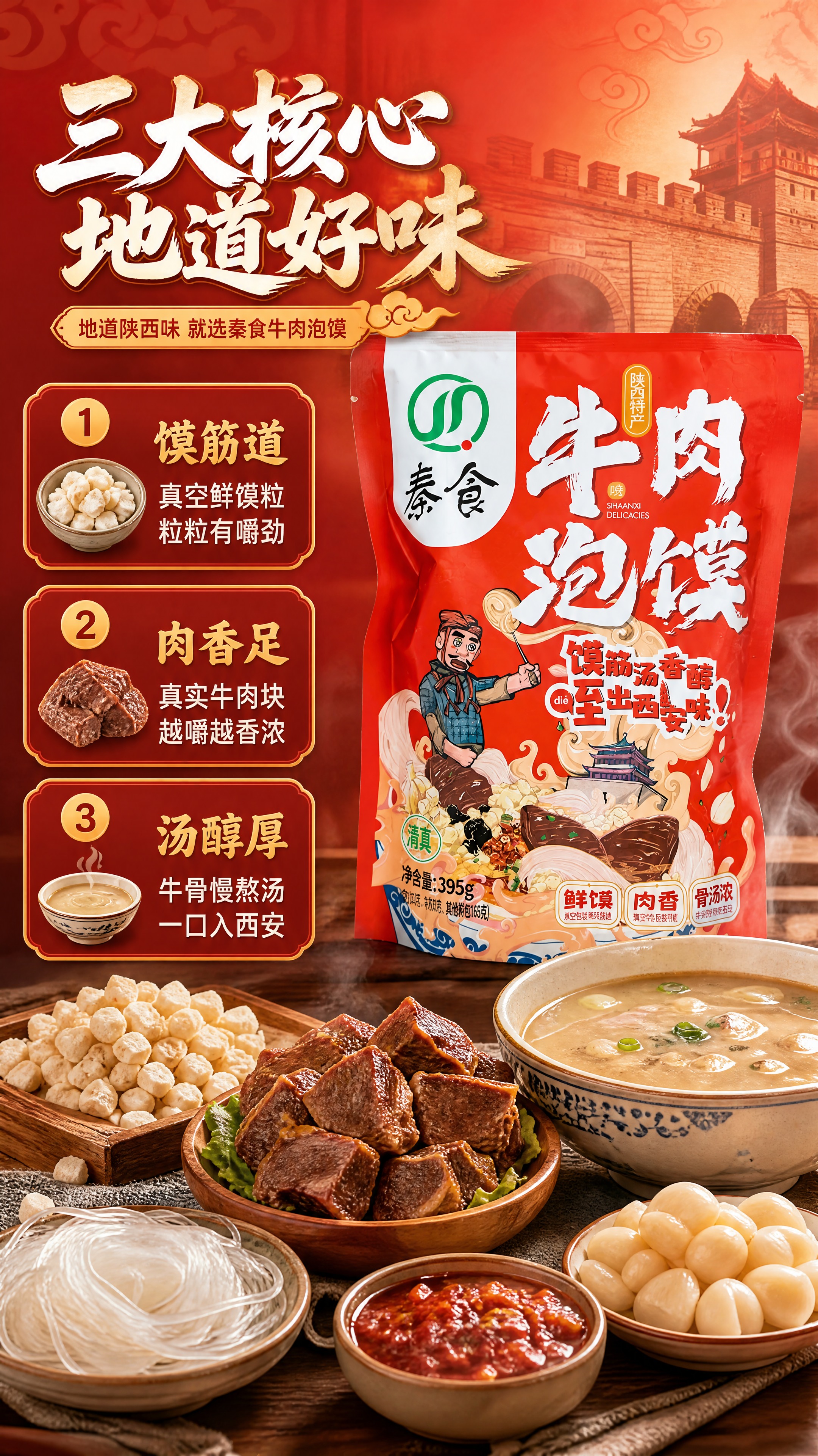 [商品] 使用【图2】秦食牛肉泡馍红色包装袋；保留包装结构、L… - 图片创意预览
