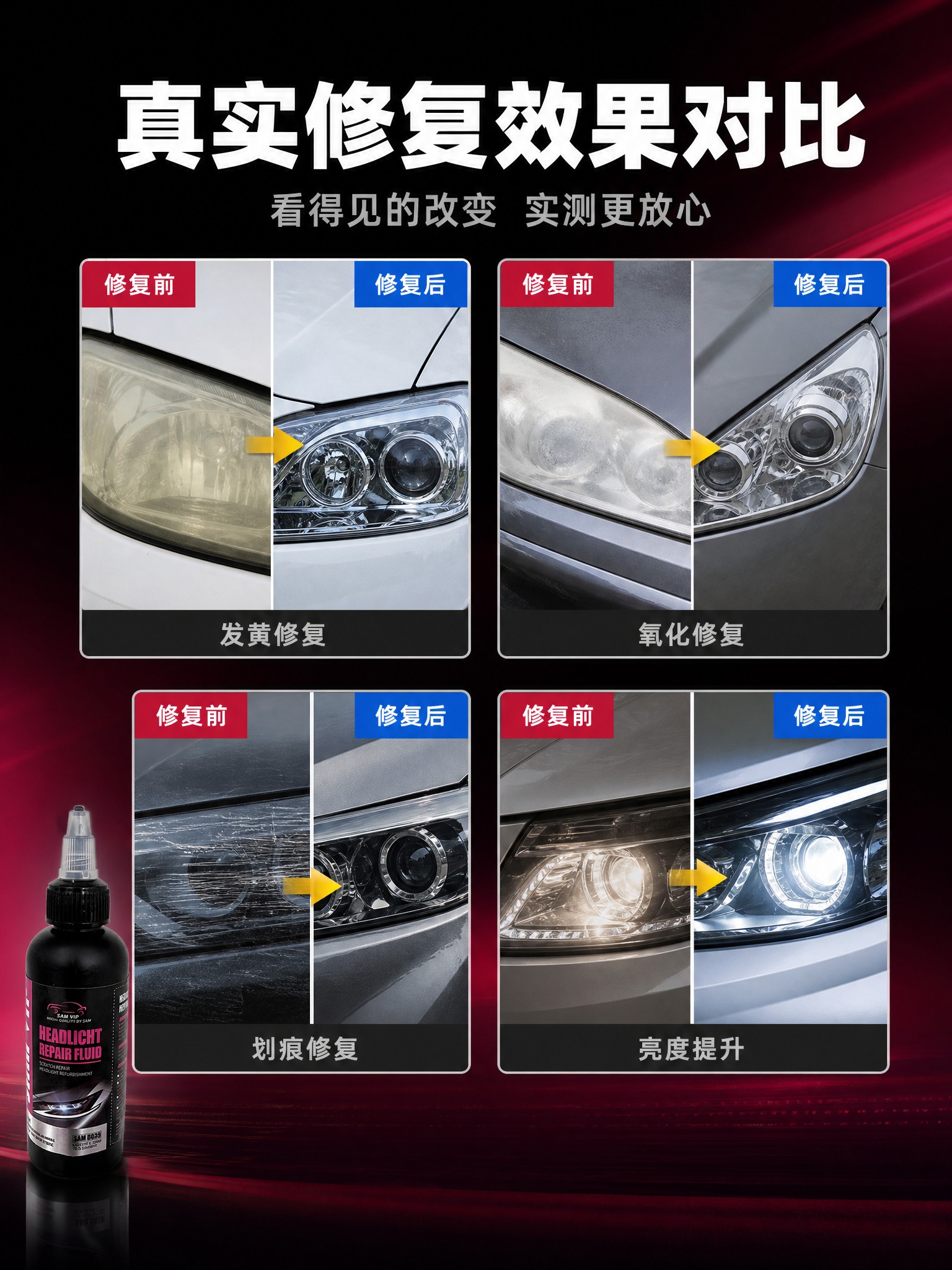 [商品] 使用【图1】黑色尖嘴瓶装汽车大灯修复液；保留瓶身黑色… - 图片创意预览