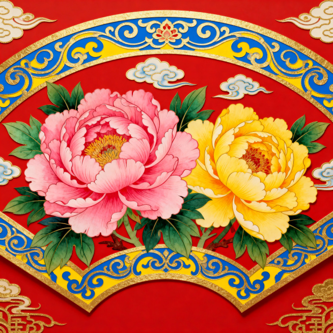 中国传统国潮工笔牡丹扇形图案，正红色背景，描金勾边，大朵盛开的粉色牡丹、黄色牡丹，层次饱满，花瓣纹理细腻，搭配蓝黄相间的传统卷草纹、祥云纹样，绿叶点缀，色彩浓郁鲜艳，中式喜庆风格，非遗剪纸年画质感，高预览效果
