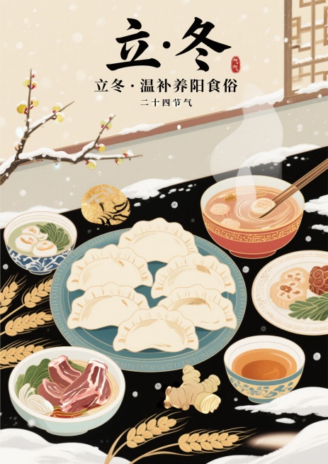 国潮插画风格，二十四节气立冬饮食指南海报，画面主体是饺子、羊肉汤、姜母茶等立冬传统食物，搭配初雪、寒梅、冬小麦等立冬节气元素，顶部有文字"立冬·温补养阳食俗"，整体色调暖厚沉稳，传统国风配色，适合上墙预览效果