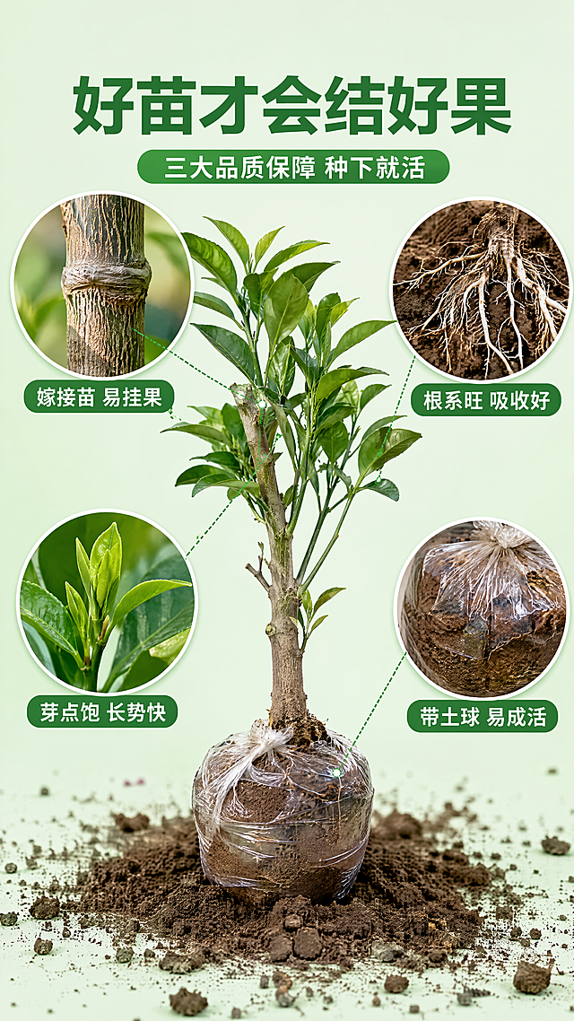 [第4张] 树苗品质页-金秋砂糖橘嫁接苗根系发达带土球细节展示。真实摄影风格，高清微距照片质感。
[氛围/风格] 专业品质感，绿色清新风，微距细节+整体展示结合，真实商业摄影质感，高清细节。
[元素布局] 画面中央展示完整的金秋砂糖橘树苗带土球，占比约50%，真实自然，树干有树皮纹理，叶片翠绿；四周分布四个真实细节放大框：左上展示嫁接接口愈合良好的真实细节，树皮纹理清晰；右上展示发达的白色根系（土球剥开部分露出真实白色嫩根）；左下展示饱满的芽点和嫩叶特写，叶脉清晰；右下展示土球保鲜膜包裹完好的真实细节，土壤颗粒可见；背景为浅绿渐变，有真实土壤颗粒装饰。
[光影质感] 均匀柔光照明，细节清晰锐利，叶片有自然光泽，整体干净专业，品质感强，真实微距摄影效果。
[配色色系] 全局底色 #E8F5E9 浅绿底；主色深绿 #2E7D32；辅助色土黄 #8D6E63、白色信息框。
[视角构图] 中心主体+四周细节框的放射式构图，阅读动线从中心向四周扩散。
[文字版式] 版式为顶部标题 + 中心主体 + 四周细节标注。顶部主标题「好苗才会结好果」，副标题「三大品质保障 种下就活」；四个细节框各配短标题「嫁接苗 易挂果」「根系旺 吸收好」「芽点饱 长势快」「带土球 易成活」；引线从细节框指向树苗对应部位；文字清晰，信息层级分明。
[比例分辨率] 9:16 竖版比例，4K 分辨率，文字清晰可辨，高清真实摄影画质。
[负向提示词] 绘画风格，插画风格，3D渲染，卡通，手绘，树苗变形，根系不自然，颜色偏差，水印，文字错乱，产品图模糊，背景杂乱，塑料感。